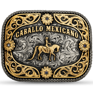 A custom belt buckle for women featuring a cowgirl figure and Caballo Mexicano lettering, built on an antiqued german silver base with bronze scrolls and flowers 